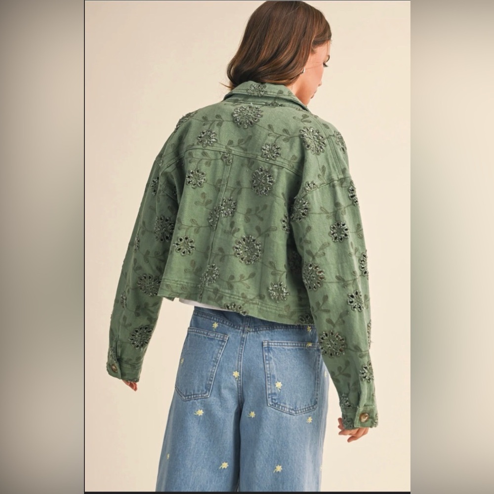 Altar'd State Olive Green Embroidered Cropped Jean Jacket - Picture 3 of 6